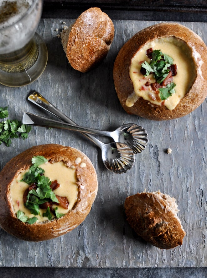 Beer Cheese Soup in Easy Homemade Whole Wheat Bread Bowls I howsweeteats.com Beer Cheese Soup in Easy Homemade Whole Wheat Bread Bowls I howsweeteats.com