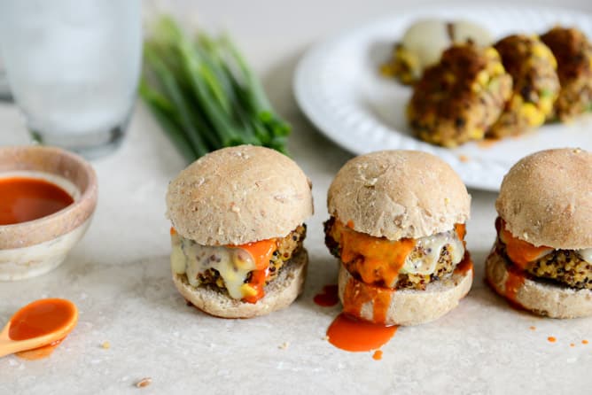 Crispy Buffalo Style Quinoa Sliders with Sweet Corn + Scallions I howsweeteats.com Crispy Buffalo Style Quinoa Sliders with Sweet Corn + Scallions I howsweeteats.com