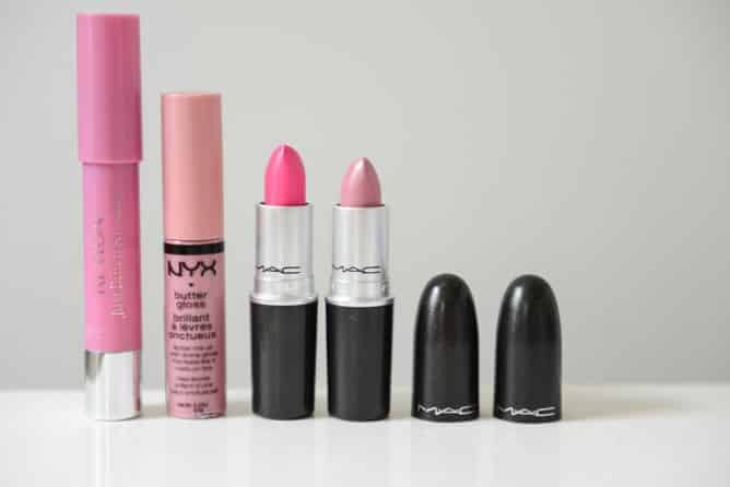 Revlon Balm Stain in Cherish, NYX Lip Butter in Eclair, MAC Candy Yum Yum, MAC Creme Cup I howsweeteats.com Revlon Balm Stain in Cherish, NYX Lip Butter in Eclair, MAC Candy Yum Yum, MAC Creme Cup I howsweeteats.com