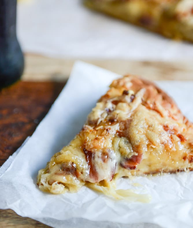 Caramelized Onion, Gruyere + Pepper Bacon Whole Wheat Pizza I howsweeteats.com Caramelized Onion, Gruyere + Pepper Bacon Whole Wheat Pizza I howsweeteats.com