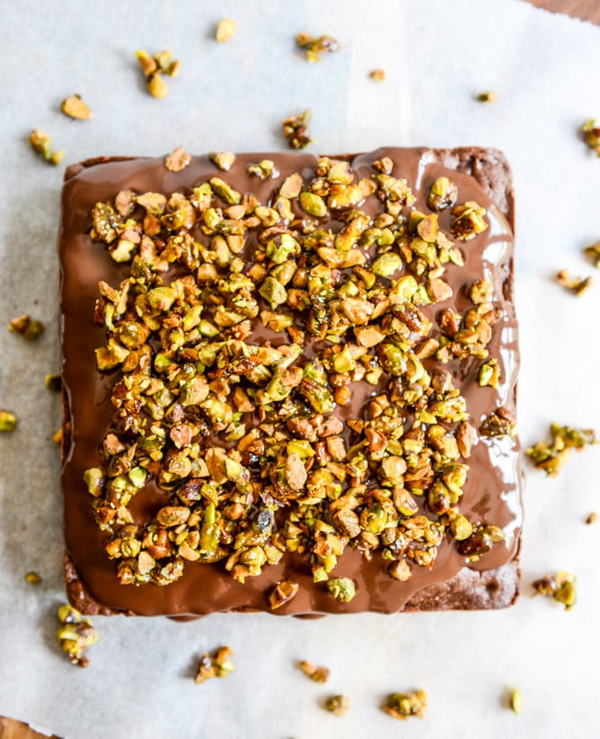 Whole Wheat Chocolate Fudge Zucchini Snack Cake with Candied Pistachios I howsweeteats.com Whole Wheat Chocolate Fudge Zucchini Snack Cake with Candied Pistachios I howsweeteats.com
