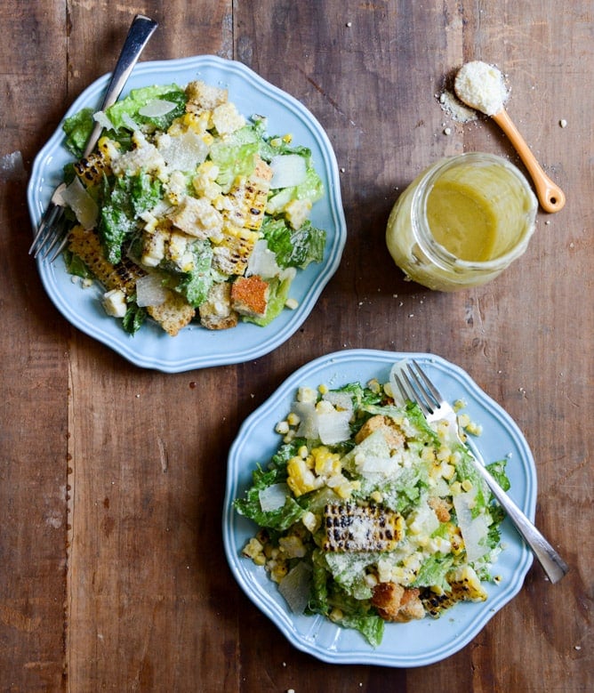 Roasted Corn Caesar Salads with Parmesan Greek Yogurt Caesar Dressing I howsweeteats.com Roasted Corn Caesar Salads with Parmesan Greek Yogurt Caesar Dressing I howsweeteats.com