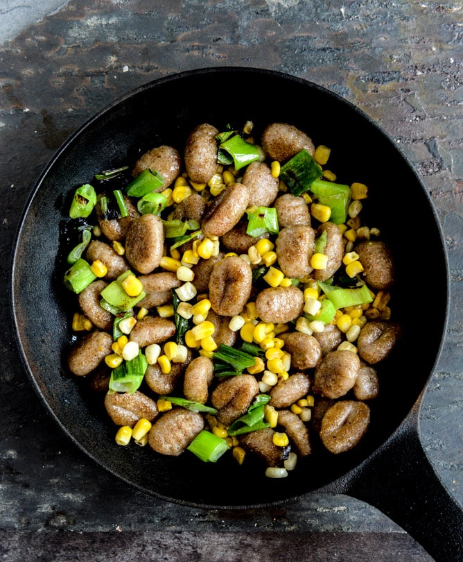 Pan Toasted Brown Butter Gnocchi with Sweet Corn + Grilled Scallions I howsweeteats.com Pan Toasted Brown Butter Gnocchi with Sweet Corn + Grilled Scallions I howsweeteats.com