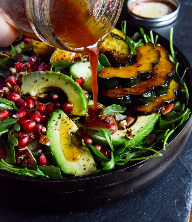 Autumn Arugula Salad with Caramelized Squash, Spiced Pecans and Pomegranate Ginger Vinaigrette I howsweeteats.com Autumn Arugula Salad with Caramelized Squash, Spiced Pecans and Pomegranate Ginger Vinaigrette I howsweeteats.com