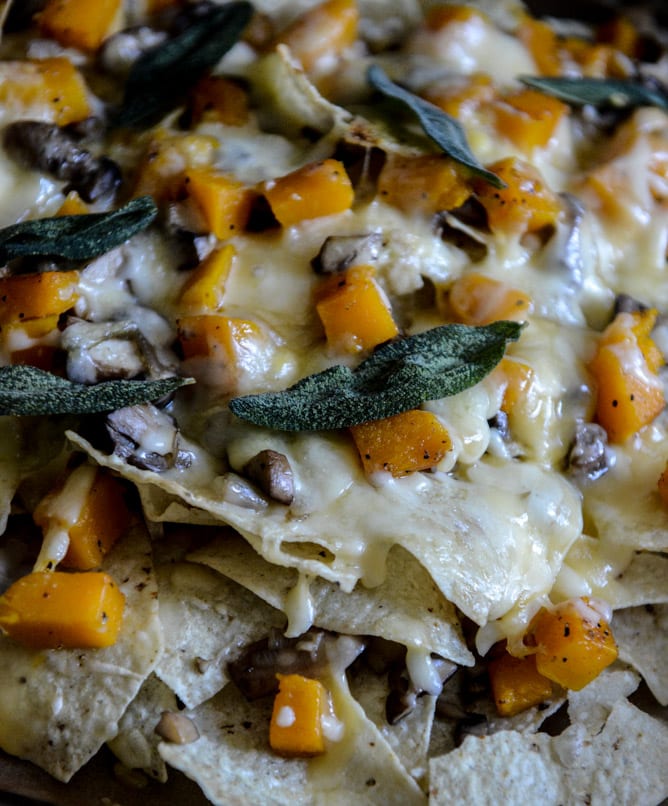 Spiced Butternut Squash, Garlic Butter Mushroom and Fontina Nachos with Crispy Sage I howsweeteats.com Spiced Butternut Squash, Garlic Butter Mushroom and Fontina Nachos with Crispy Sage I howsweeteats.com