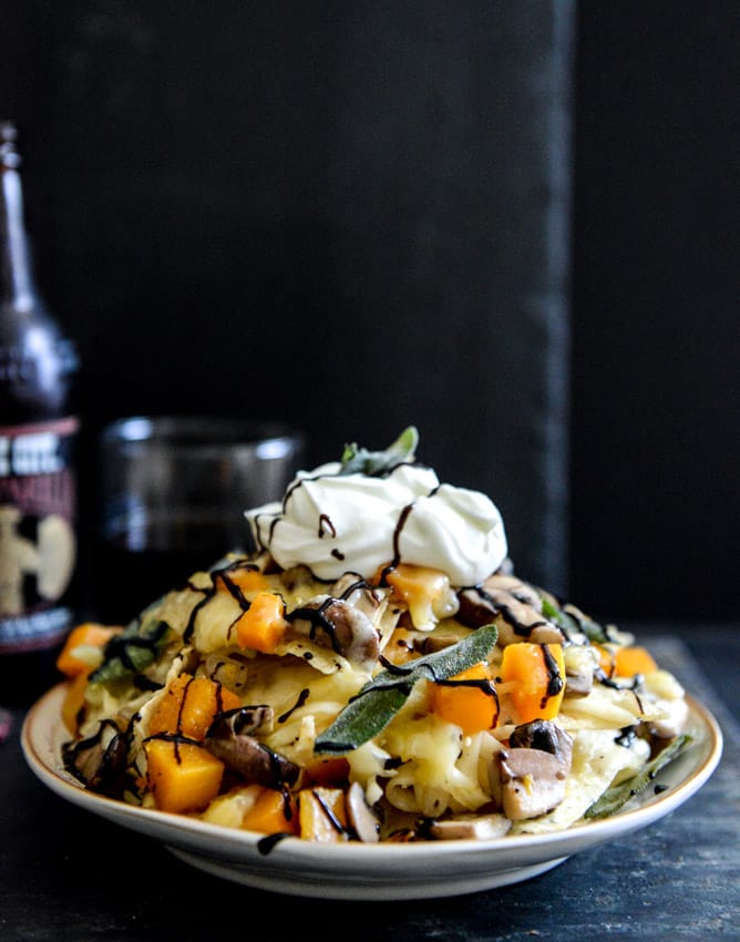 Spiced Butternut Squash, Garlic Butter Mushroom and Fontina Nachos with Crispy Sage I howsweeteats.com Spiced Butternut Squash, Garlic Butter Mushroom and Fontina Nachos with Crispy Sage I howsweeteats.com