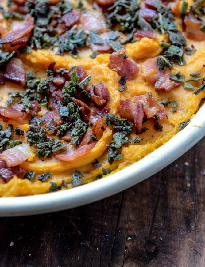 bacon bourbon whipped sweet potatoes with brown butter and crispy sage I howsweeteats.com bacon bourbon whipped sweet potatoes with brown butter and crispy sage I howsweeteats.com