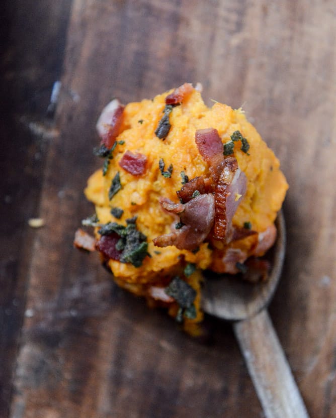 bacon bourbon whipped sweet potatoes with brown butter and crispy sage I howsweeteats.com bacon bourbon whipped sweet potatoes with brown butter and crispy sage I howsweeteats.com