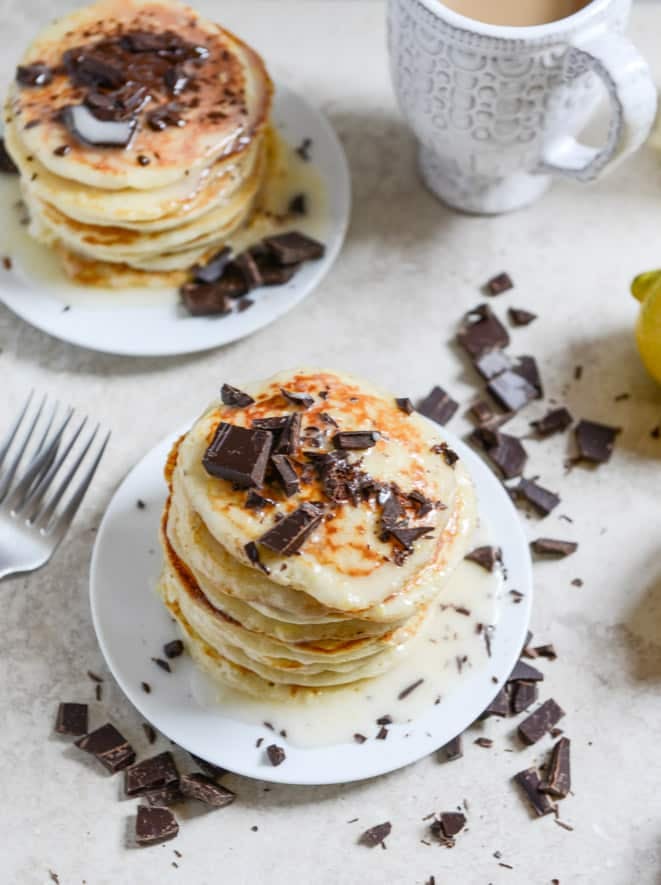 bittersweet chocolate and lemon glazed whipped ricotta pancakes I howsweeteats.com bittersweet chocolate and lemon glazed whipped ricotta pancakes I howsweeteats.com