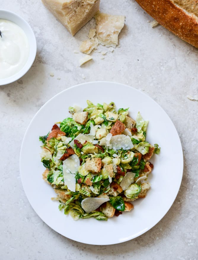 Warm Brussels Caesar with Bacon Ciabatta Croutons I howsweeteats.com Warm Brussels Caesar with Bacon Ciabatta Croutons I howsweeteats.com