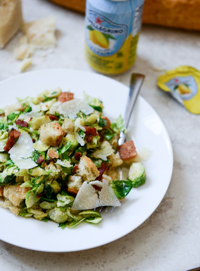 Warm Brussels Caesar with Bacon Ciabatta Croutons I howsweeteats.com Warm Brussels Caesar with Bacon Ciabatta Croutons I howsweeteats.com
