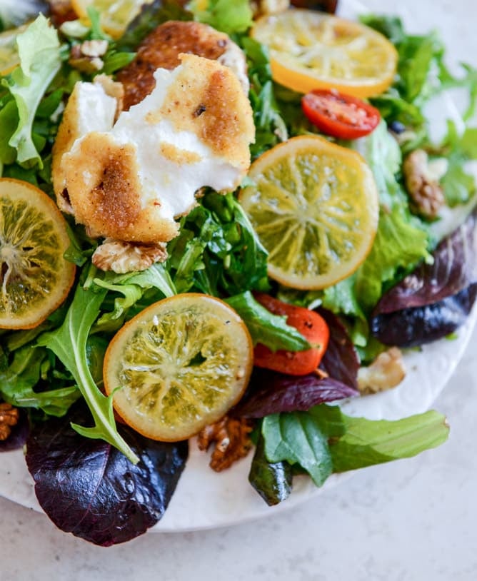 Spring Greens with Candied Meyer Lemons and Spicy Fried Goat Cheese I howsweeteats.com Spring Greens with Candied Meyer Lemons and Spicy Fried Goat Cheese I howsweeteats.com