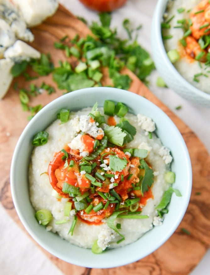 crispy buffalo wing shrimp with blue cheese grits I howsweeteats.com