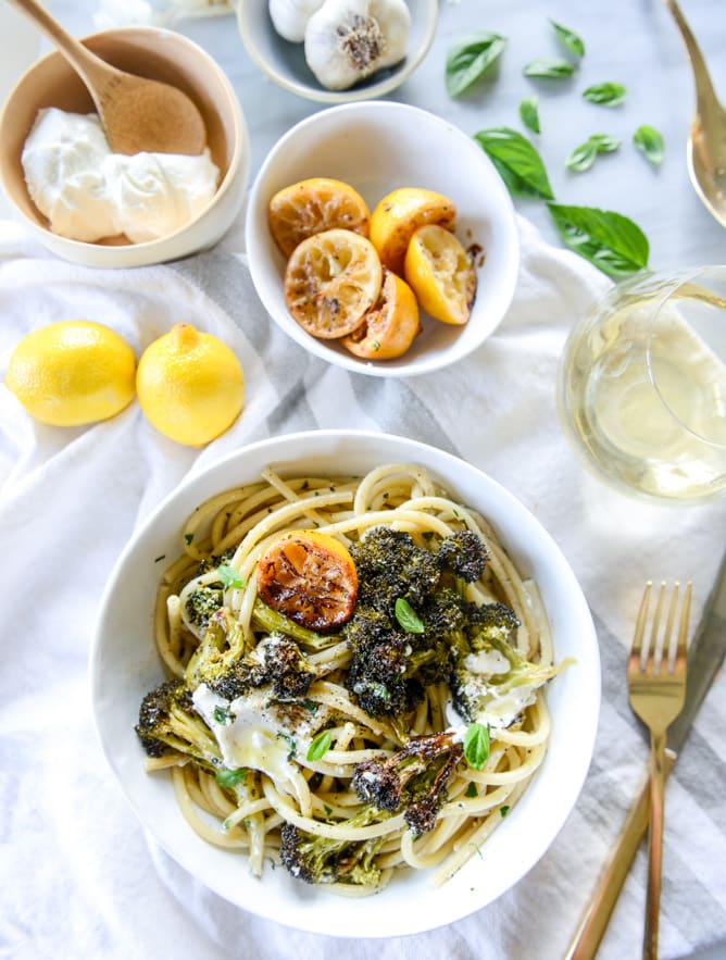 blackened broccoli bucatini with charred lemon and goat cheese I howsweeteats.com