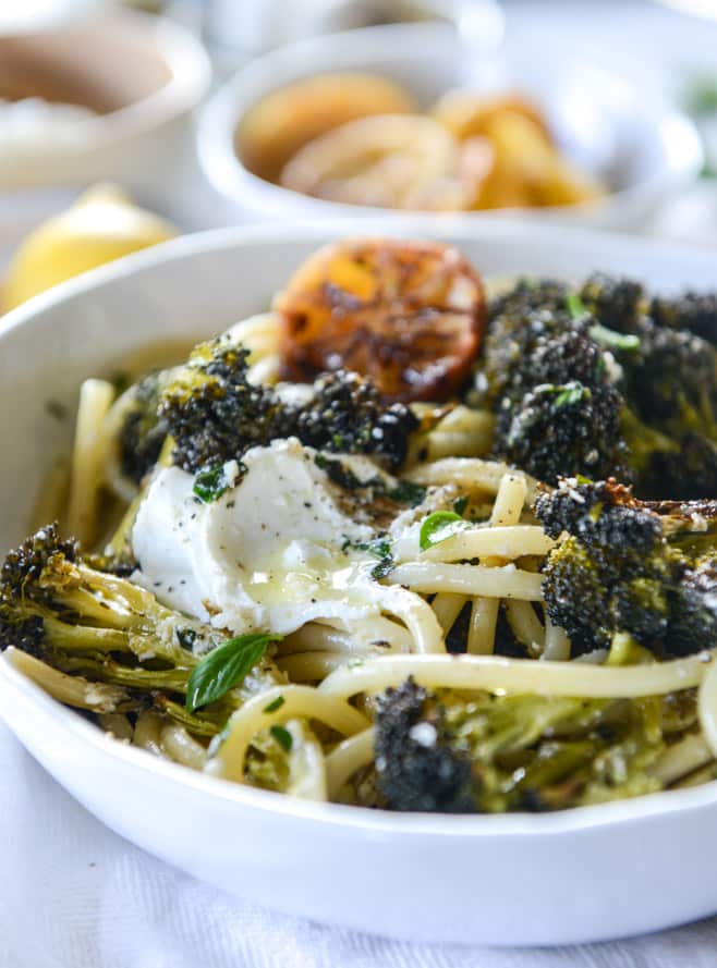 blackened broccoli bucatini with charred lemon and goat cheese I howsweeteats.com