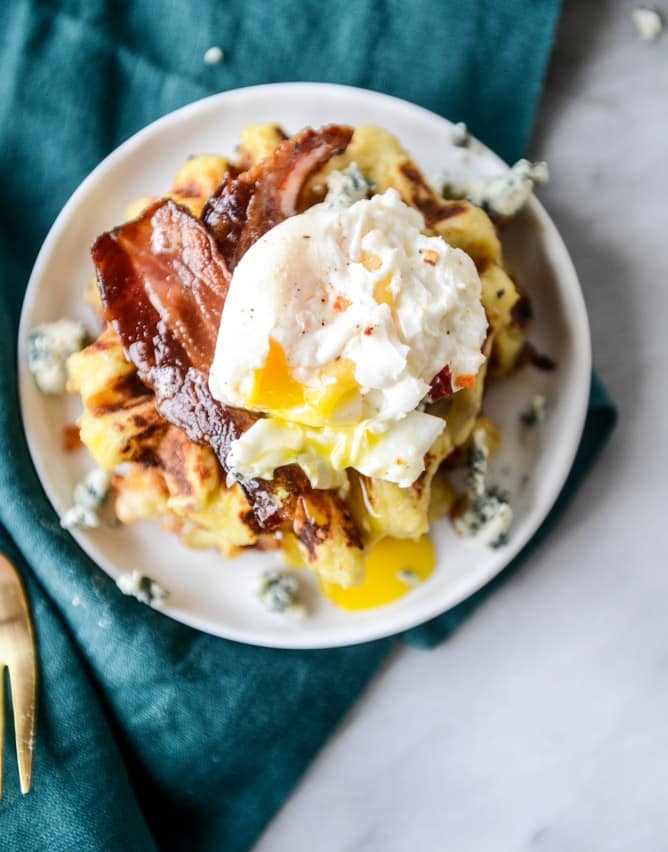 bacon blue cheese mashed potato waffles I howsweeteats.com