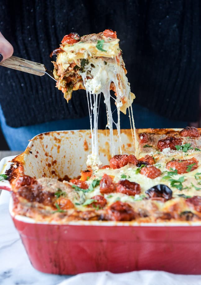 roasted vegetable lasagna with burrata I howsweeteats.com