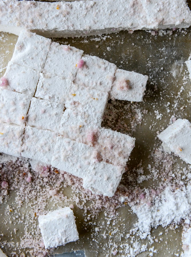 chocolate dipped champagne marshmallows with blood orange sugar I howsweeteats.com