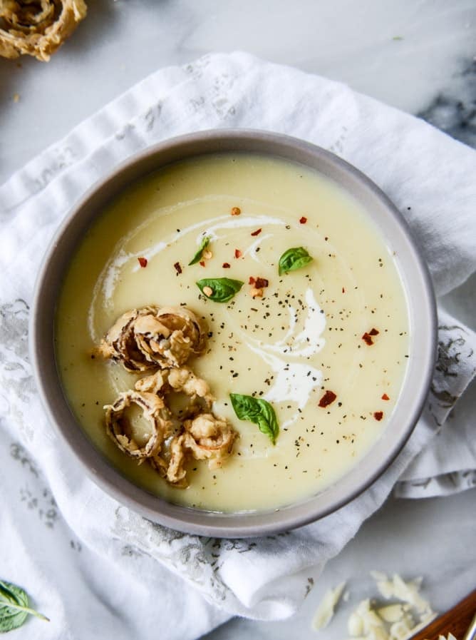 irish ale potato cheddar soup with beer battered leeks I howsweeteats.com