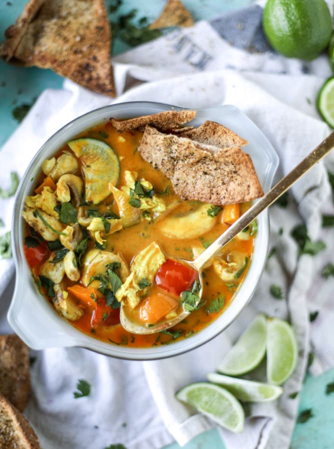 golden chicken coconut soup with spiced pitas I howsweeteats.com