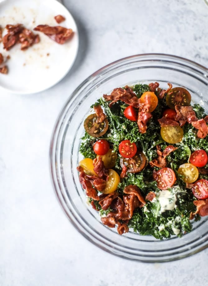 BLT shredded kale salad with greek yogurt ranch I howsweeteats.com