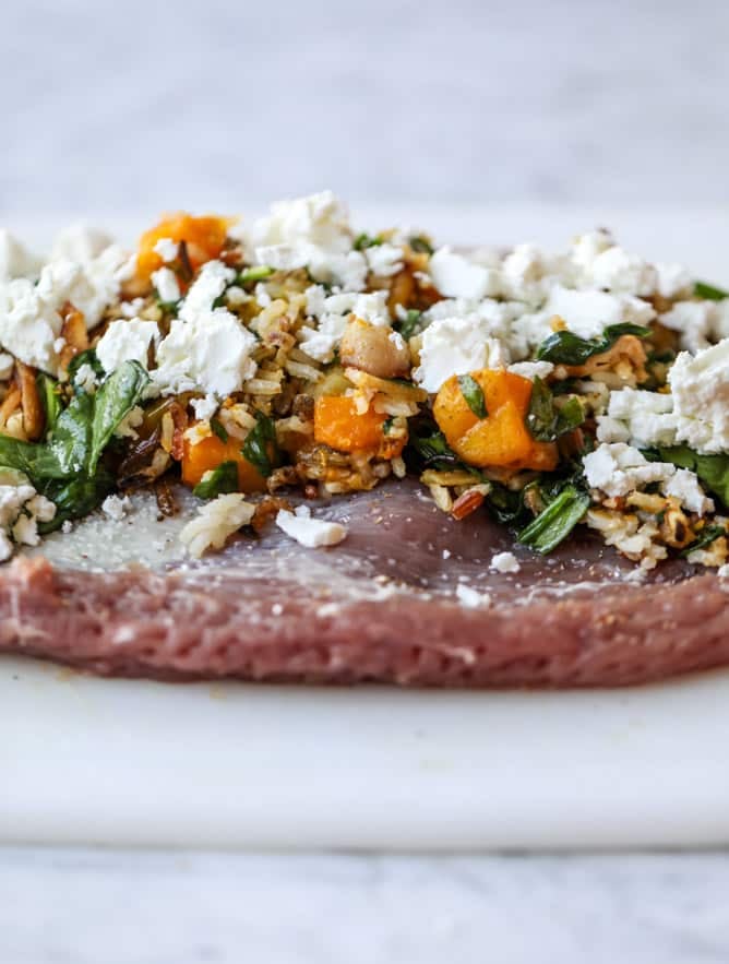 butternut, apple and goat cheese stuffed pork tenderloin I howsweeteats.com #pork #squash #holiday #recipes