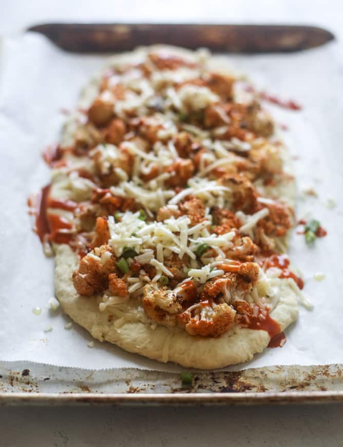 roasted buffalo cauliflower flatbread I howsweeteats.com #cauliflower #buffalo #pizza #flatbread