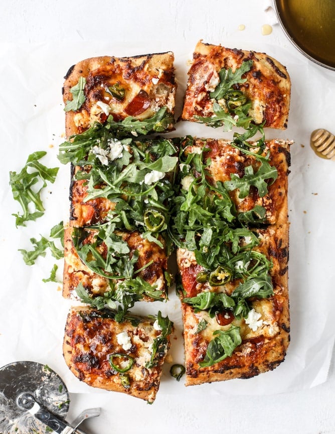 hot honey goat cheese pepperoni pizza I howsweeteats.com #detroitstyle #pepperoni #pizza #goatcheese