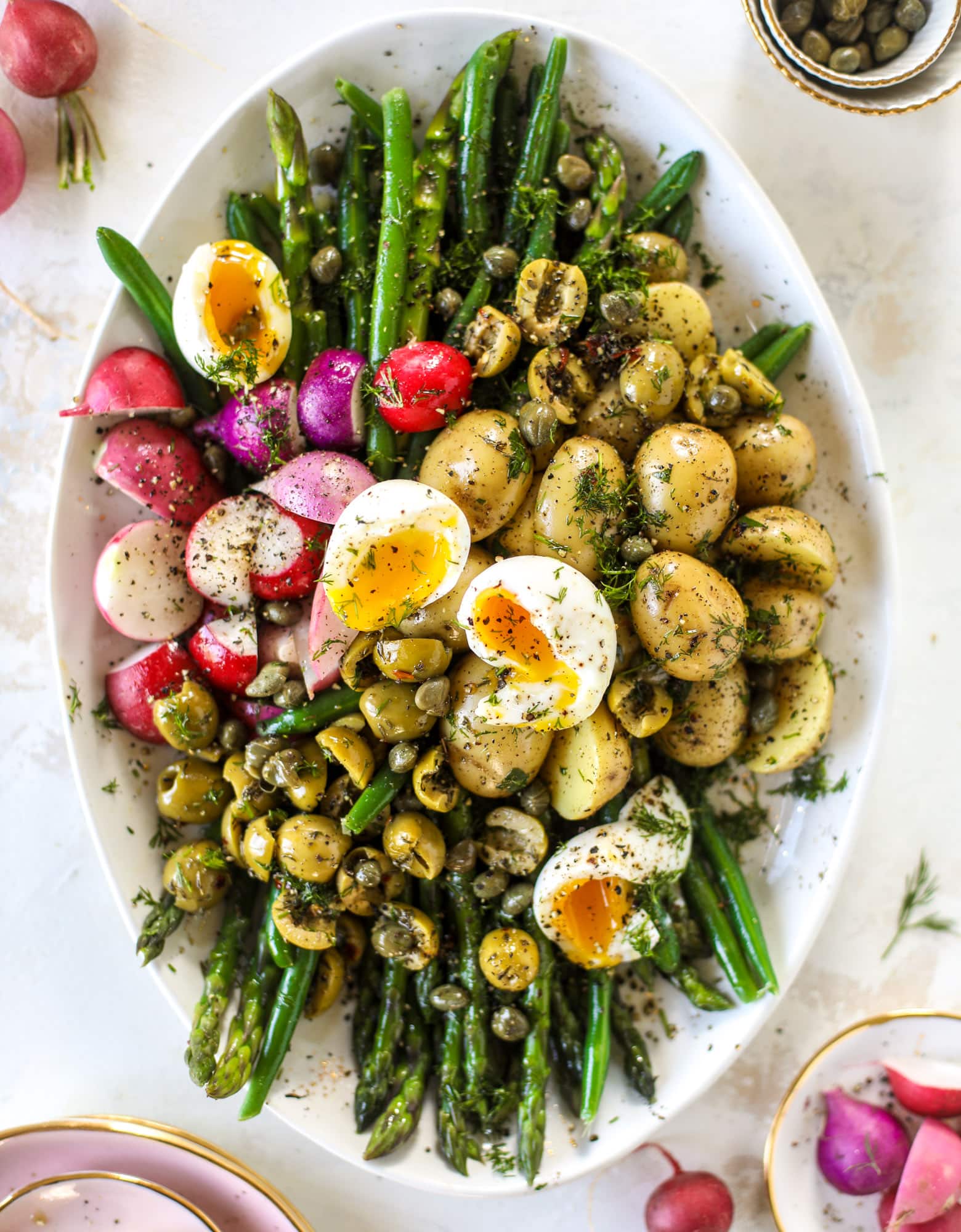 This spring version of the nicoise salad is loaded with crunchy green beans and asparagus, gorgeous radishes, tender potatoes and salty olives.
