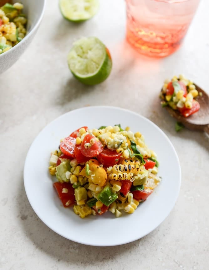 Easy Grilled Corn Tomato Salad with Blue Cheese and Basil Ribbons I howsweeteats.com Easy Grilled Corn Tomato Salad with Blue Cheese and Basil Ribbons I howsweeteats.com