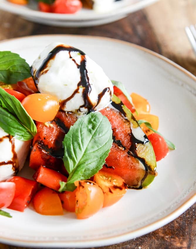 Honey Grilled Watermelon Caprese Salads I howsweeteats.com