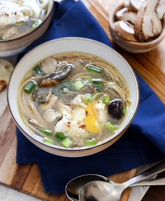 Chicken + Mushroom Noodle Soup with Poached Eggs I howsweeteats.com