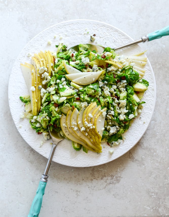 maple bacon brussels, pear and blue cheese salad I howsweeteats.com