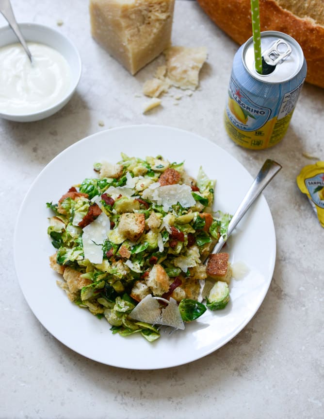 Warm Brussels Caesar with Bacon Ciabatta Croutons I howsweeteats.com