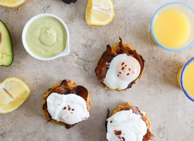 Sweet Corn Cake Eggs Benedict with Avocado Hollandaise I howsweeteats.com
