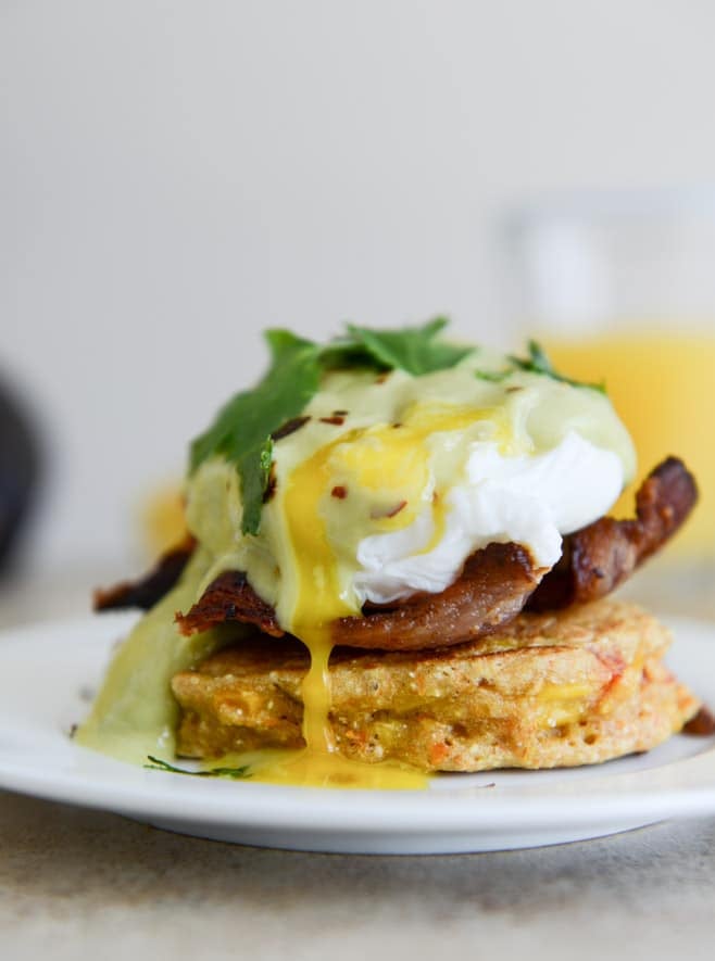 Sweet Corn Cake Eggs Benedict with Avocado Hollandaise I howsweeteats.com