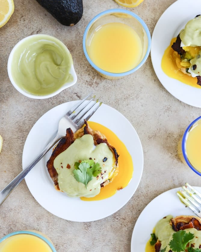 Sweet Corn Cake Eggs Benedict with Avocado Hollandaise I howsweeteats.com