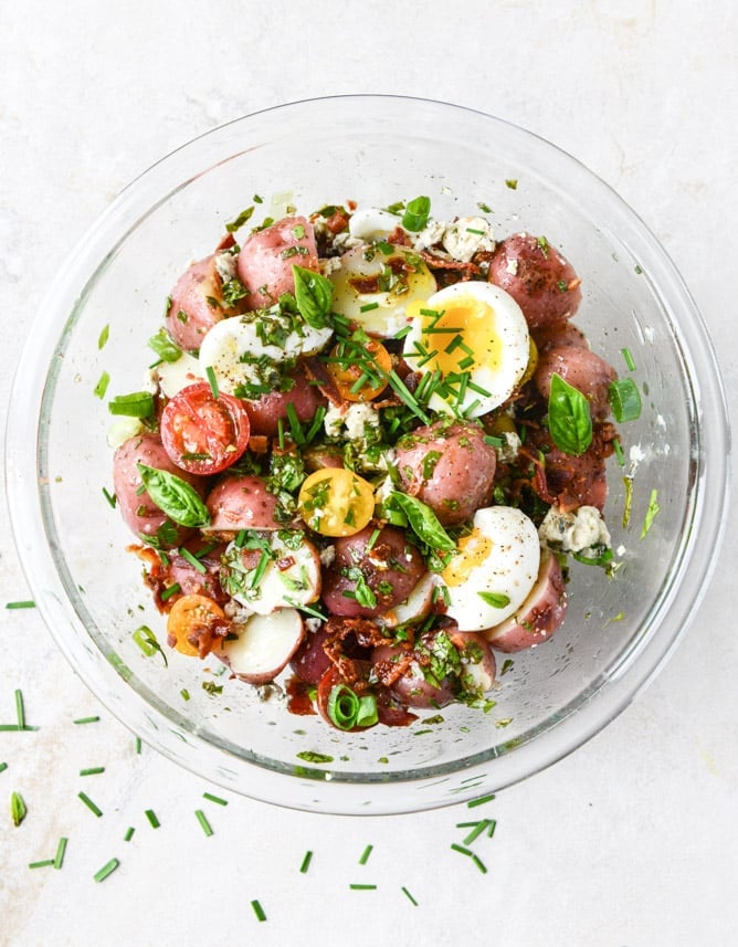 bacon blue potato salad with soft boiled eggs I howsweeteats.com