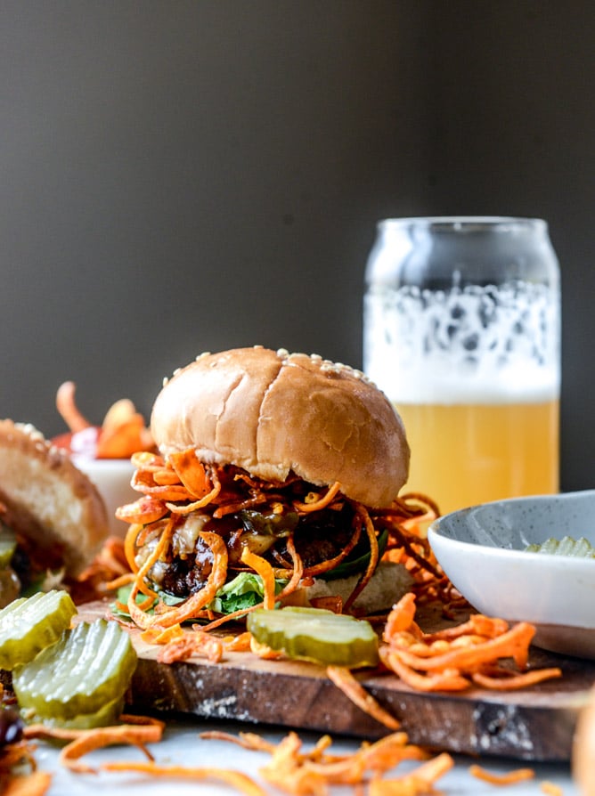 BBQ havarti burgers with sweet potato curly fries I howsweeteats.com