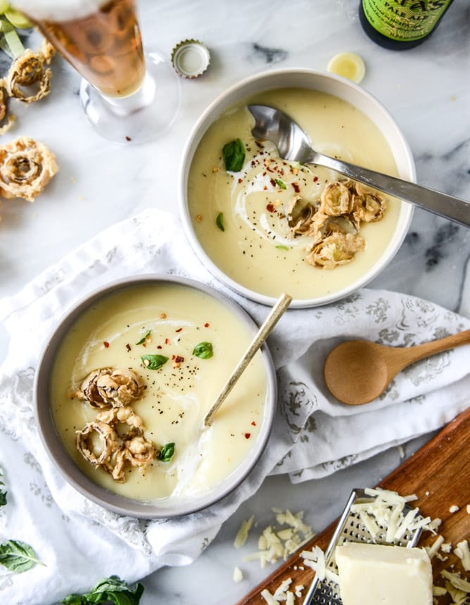 irish ale potato cheddar soup with beer battered leeks I howsweeteats.com