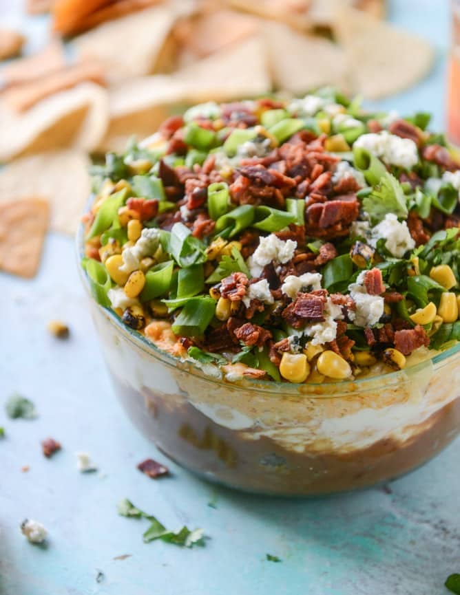 layered buffalo chicken dip I howsweeteats.com