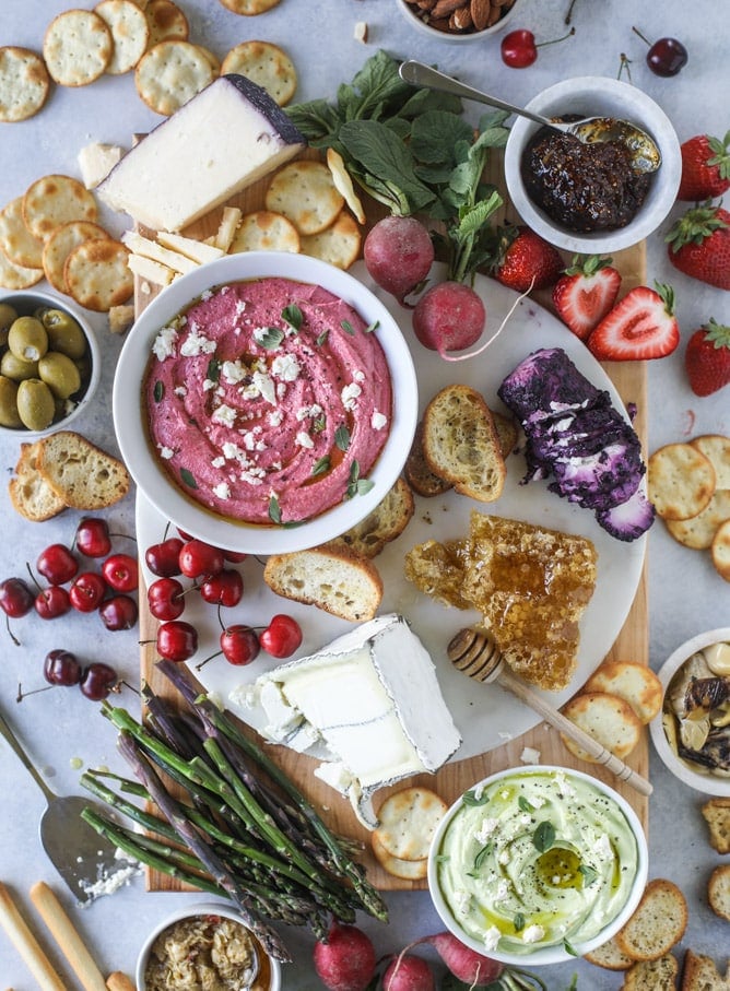 late spring cheese board with beet whipped feta I howsweeteats.com