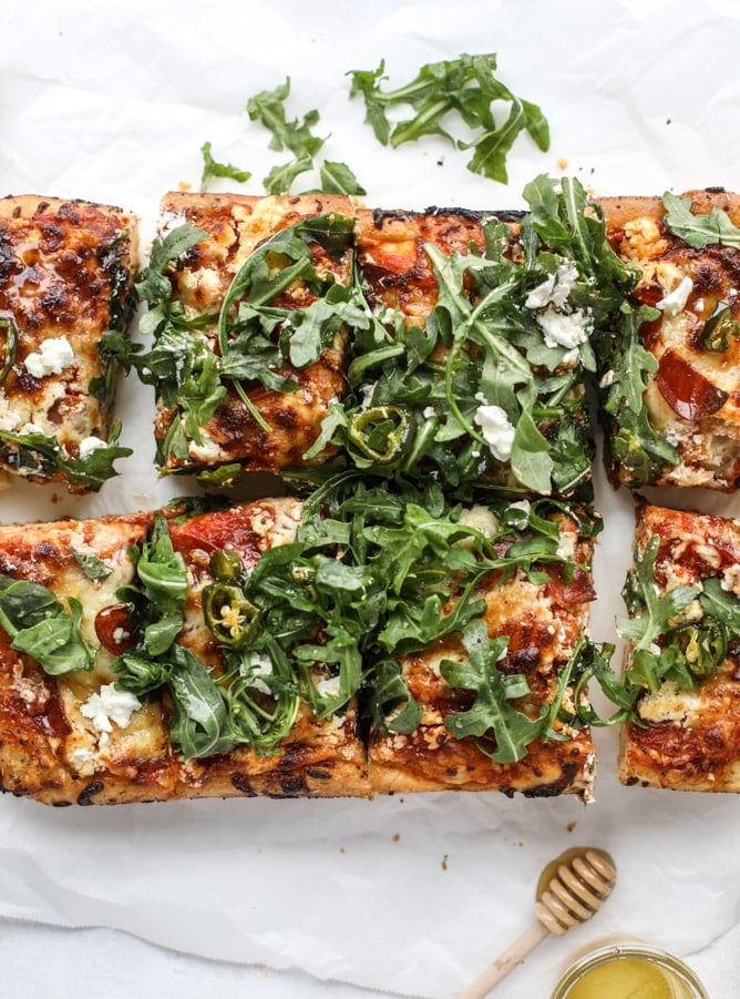 hot honey goat cheese pepperoni pizza I howsweeteats.com #detroitstyle #pepperoni #pizza #goatcheese 