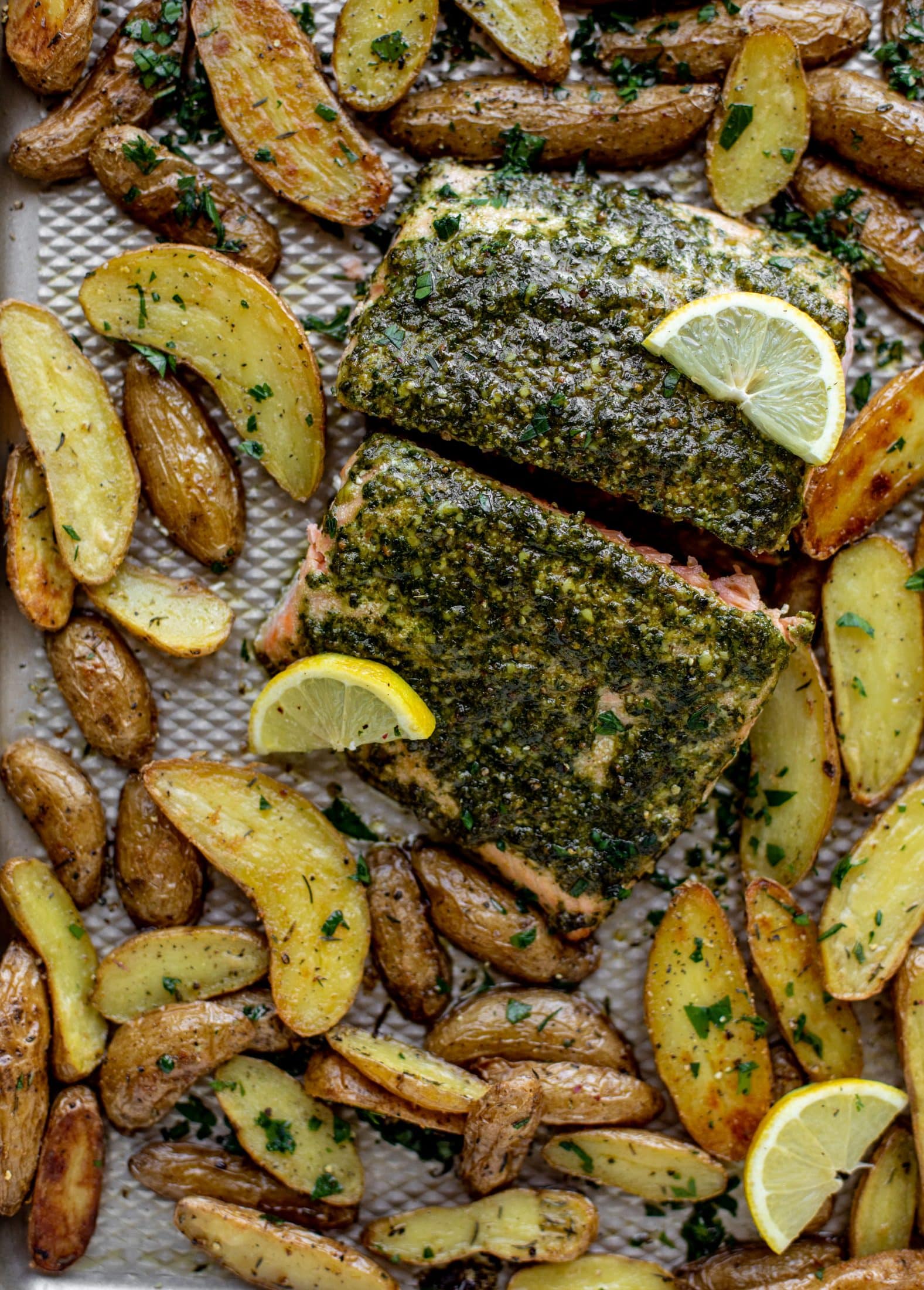 sheet pan pesto salmon with lemon thyme potatoes