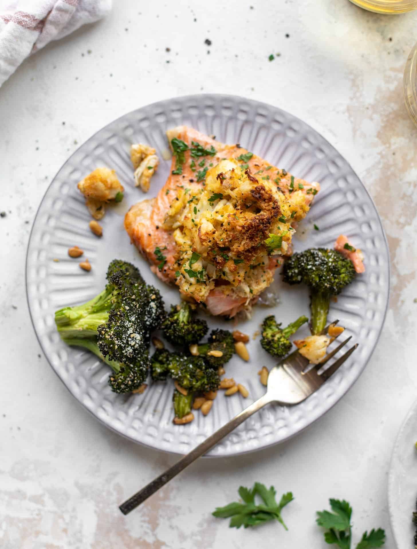 crab topped salmon with parmesan roasted broccoli