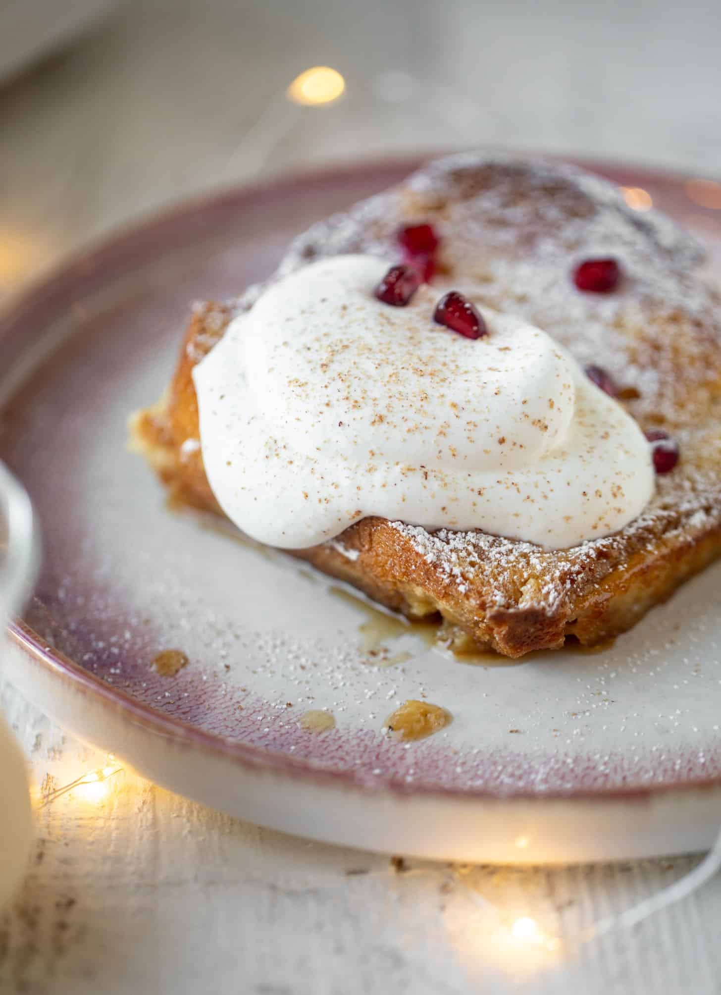 eggnog creme brulee french toast with bourbon whipped cream