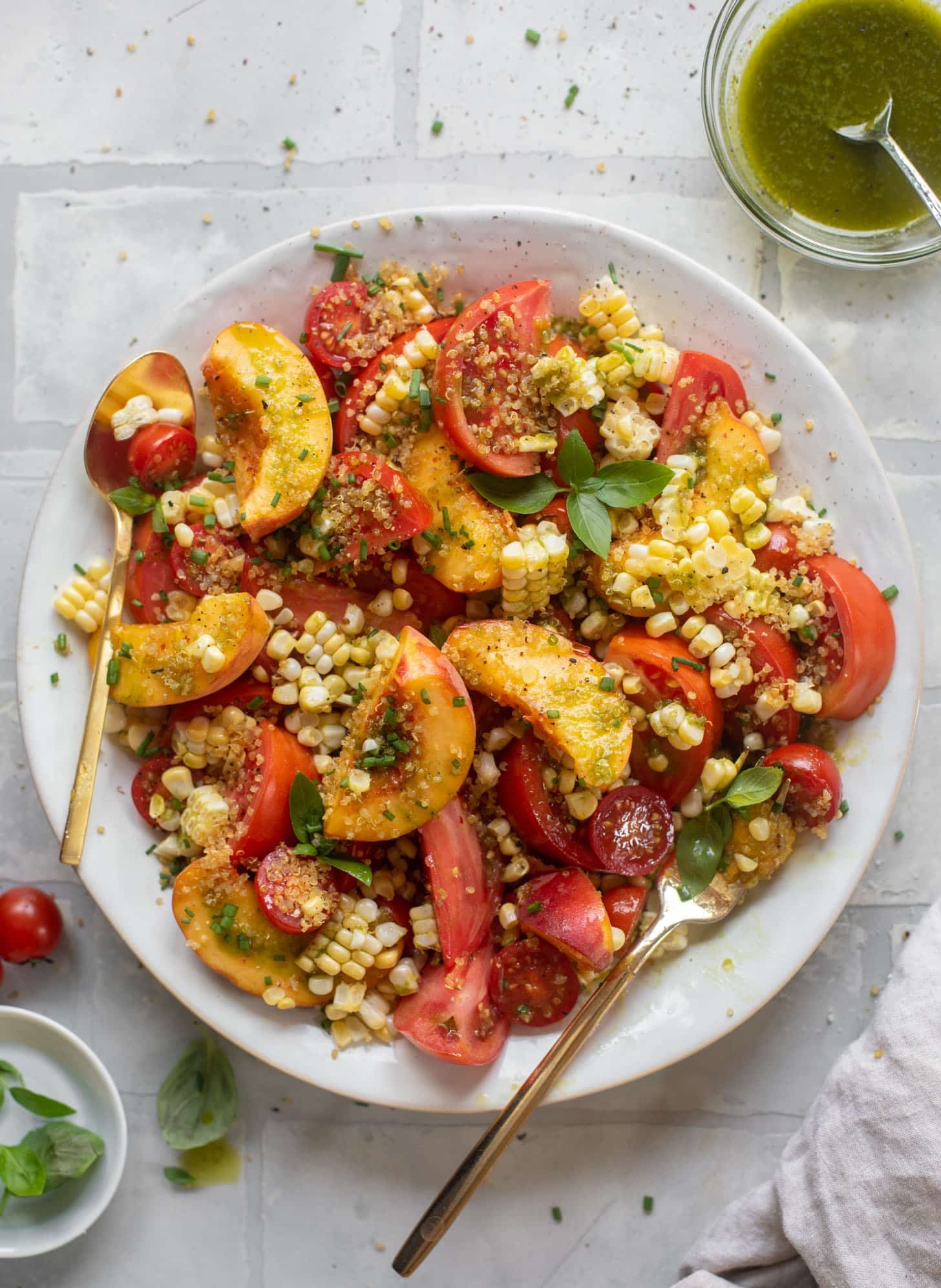 sweet corn, peach and tomato salad