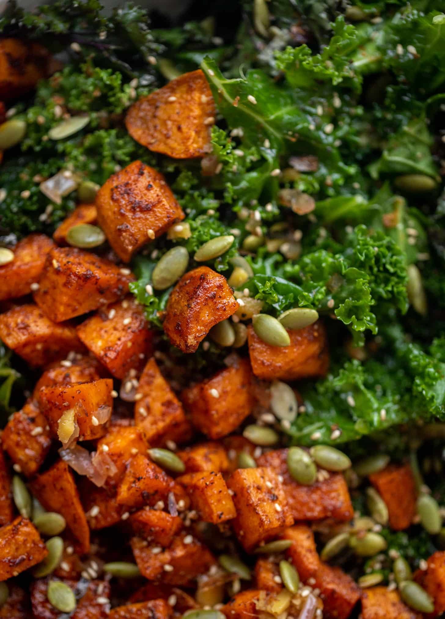 smoky sweet potato kale salad with hot ginger dressing