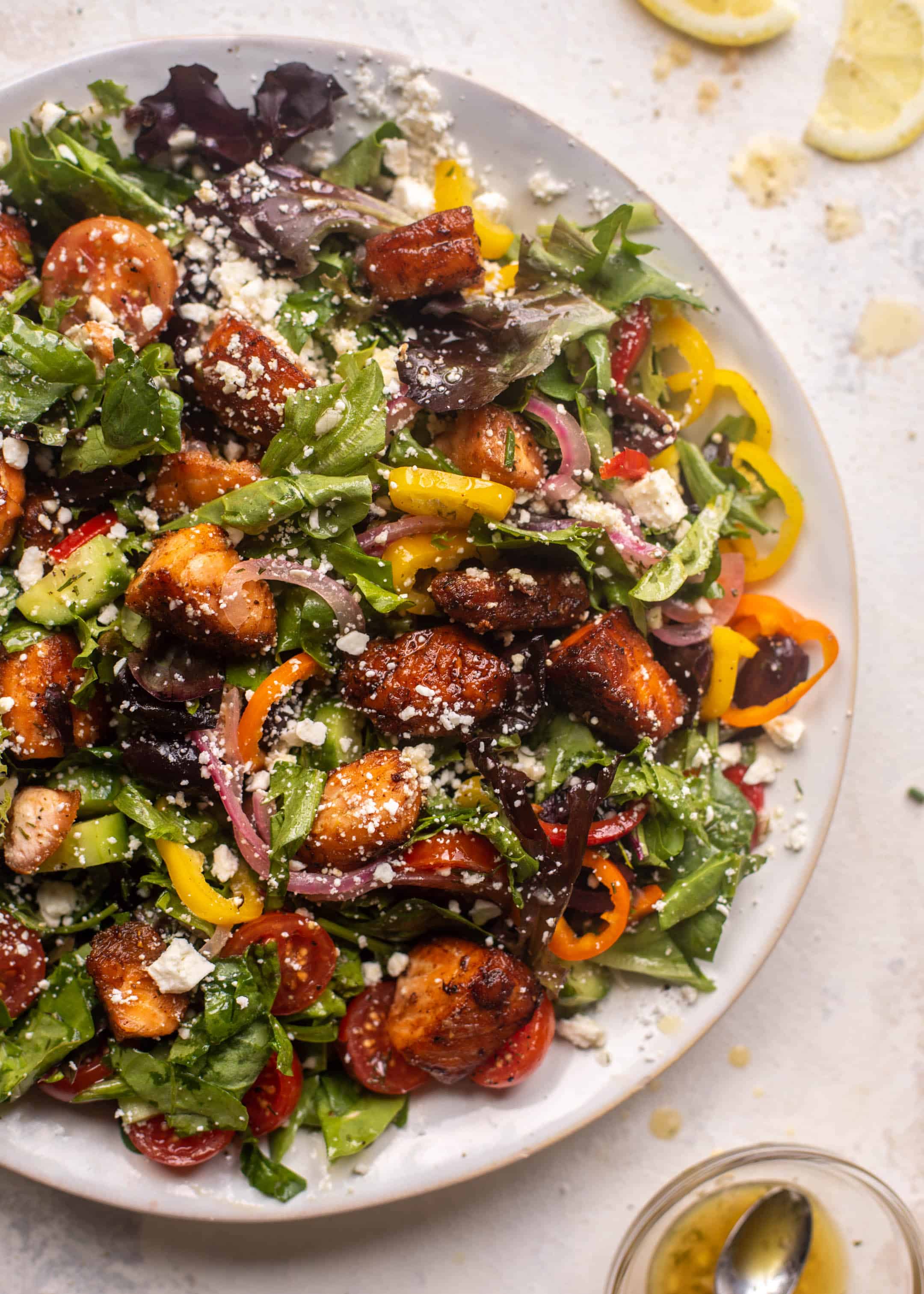 crispy lemon salmon greek salad