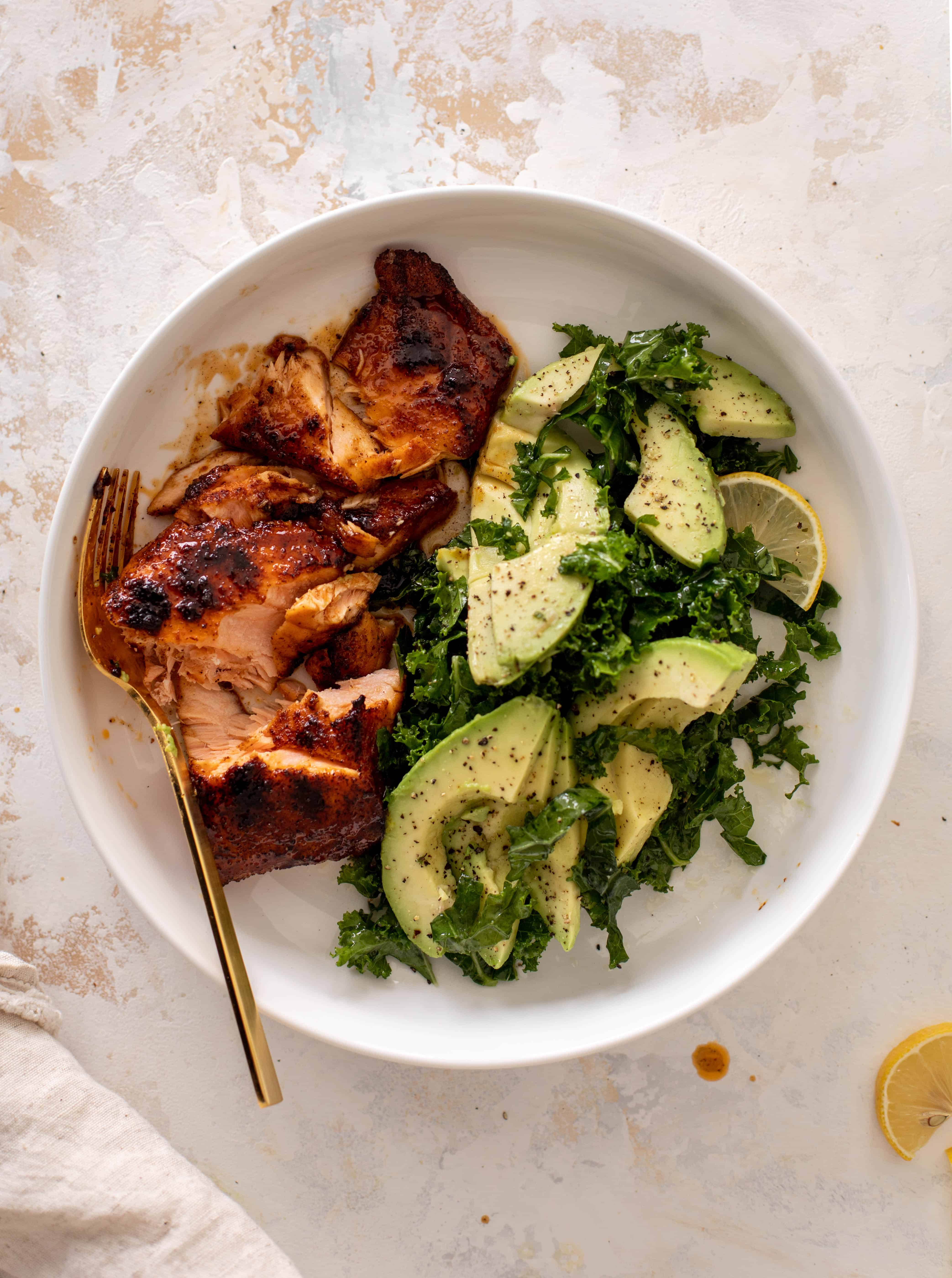 sticky salmon with avocado greens